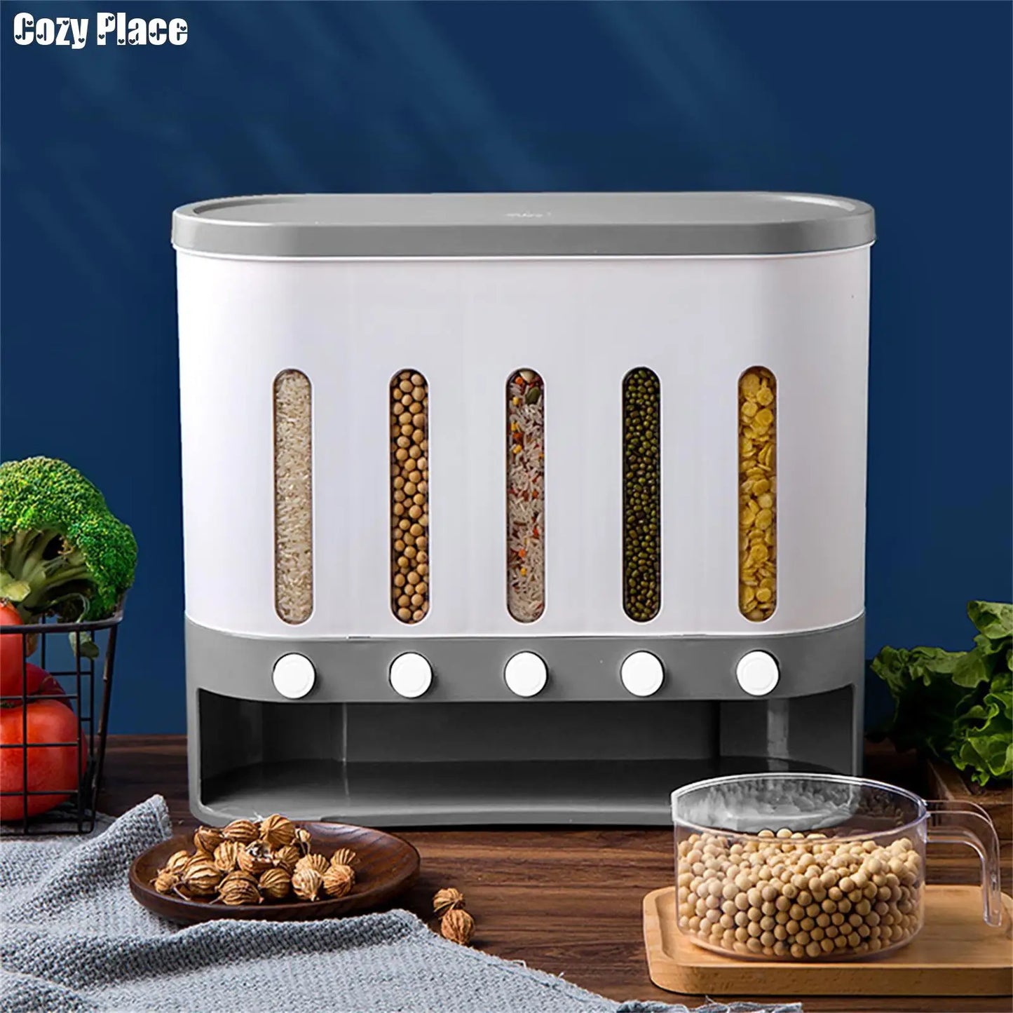 Wall-Mounted Cereal & Dry Food Dispenser: 5-Grid, 10L Capacity