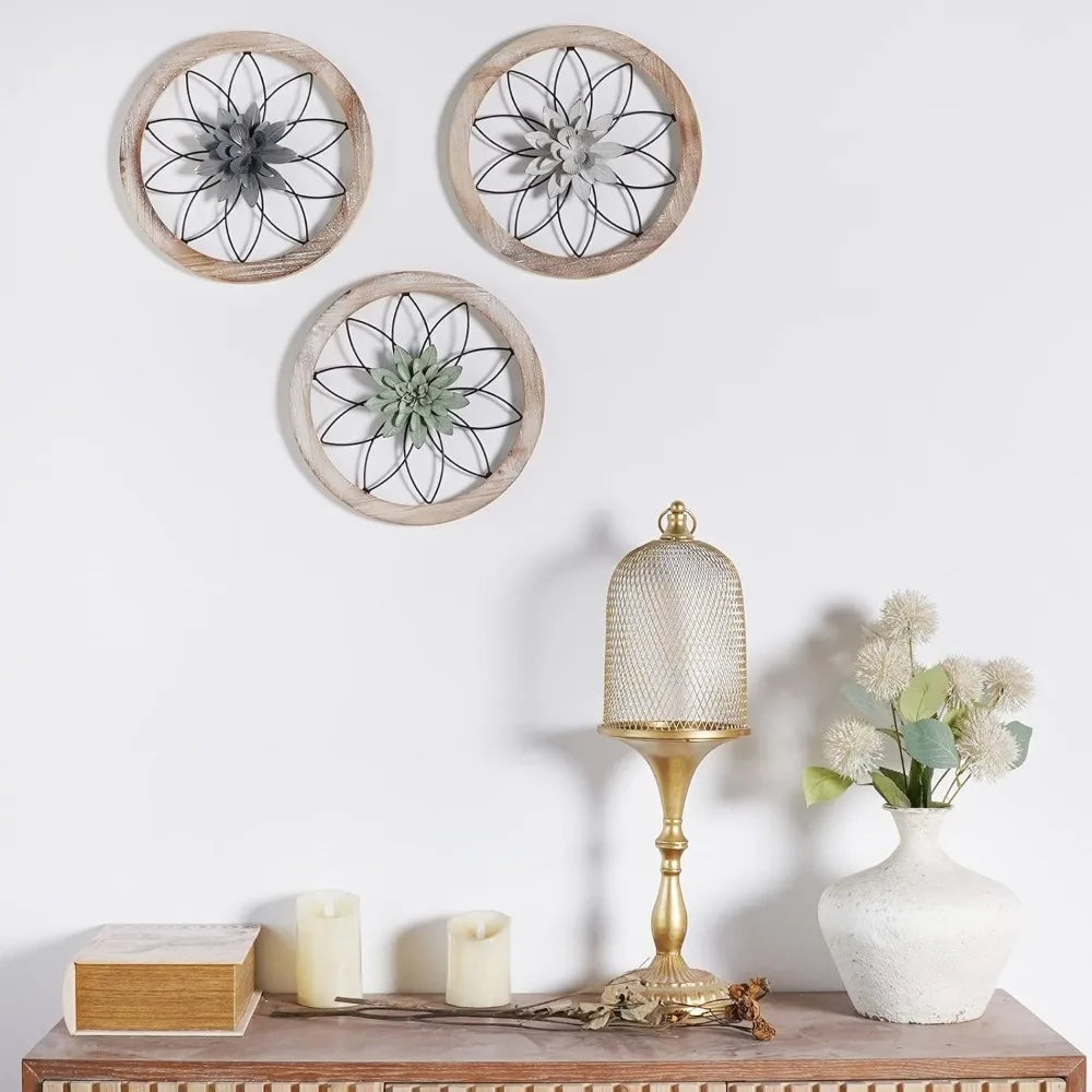 3 Piece Round Farmhouse Wall Decor with 6 Interchangeable Flowers Art