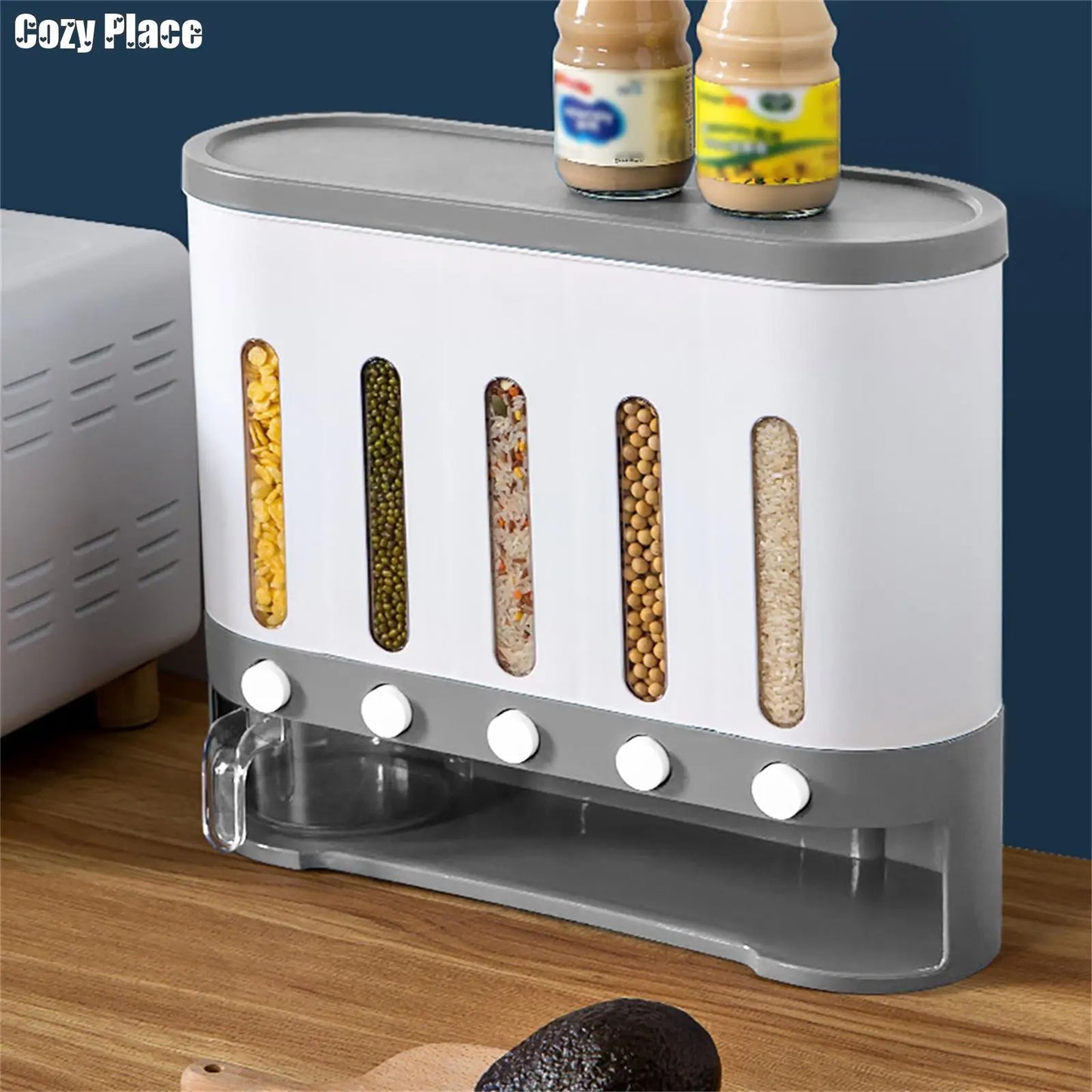 Wall-Mounted Cereal & Dry Food Dispenser: 5-Grid, 10L Capacity