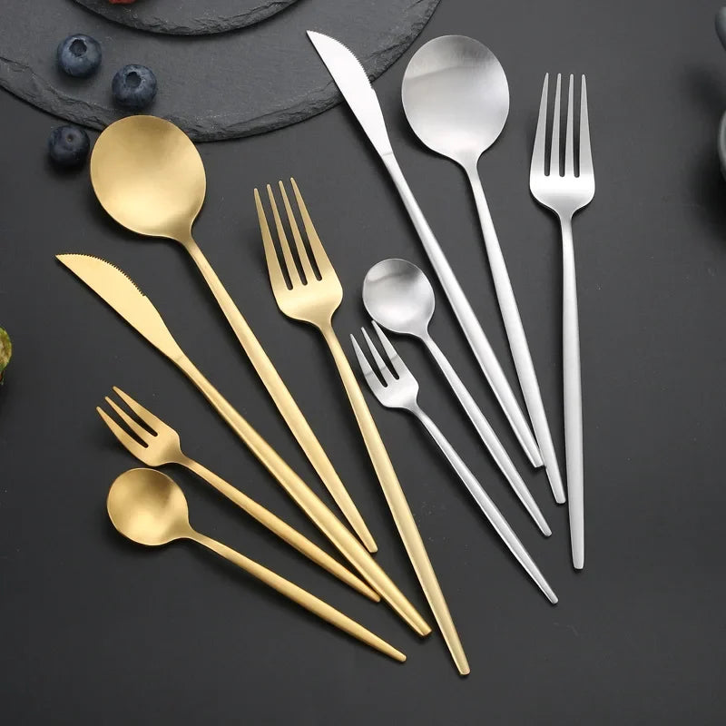 Matte Gold Stainless Steel Cutlery Set: 30-Piece Dinnerware Ensemble