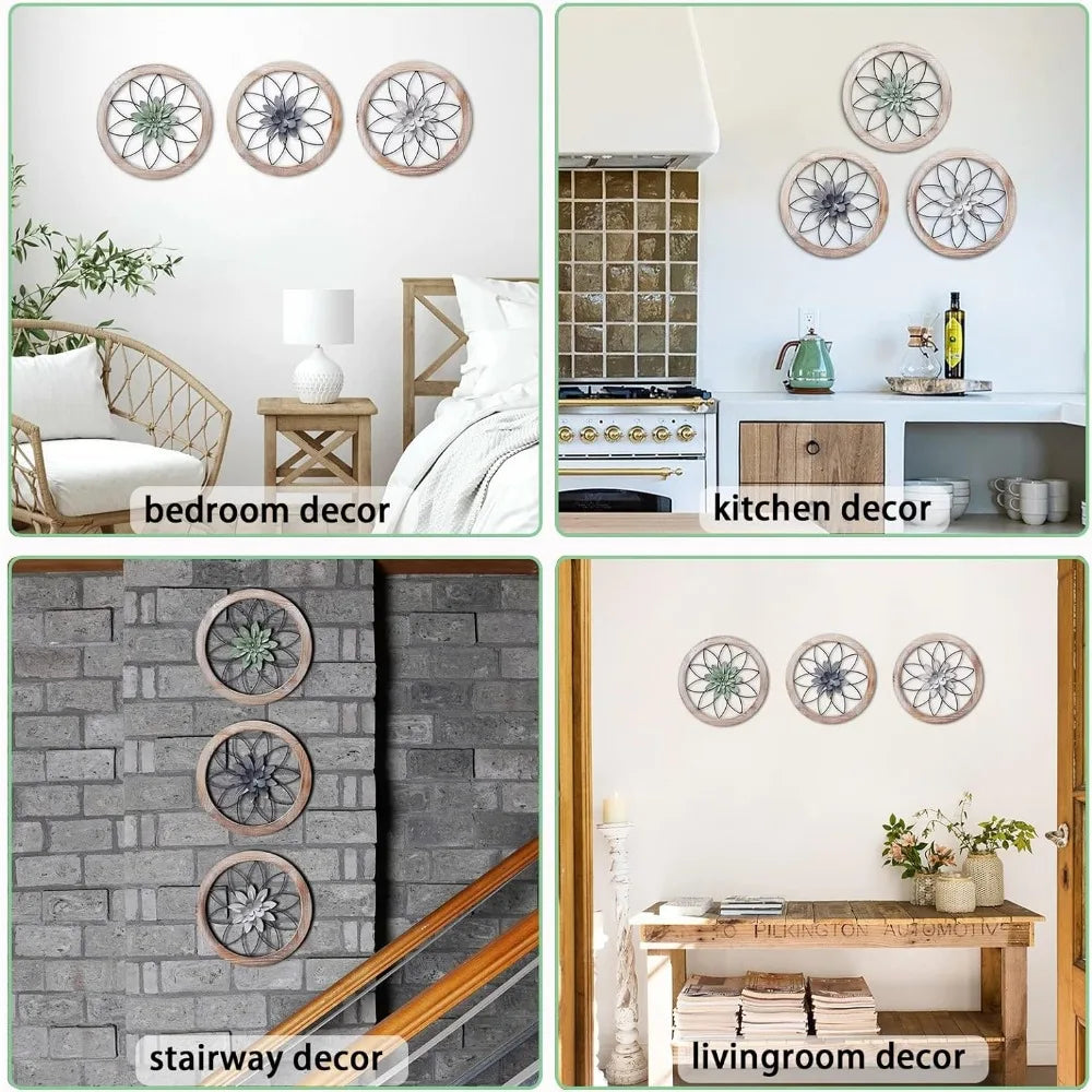 3 Piece Round Farmhouse Wall Decor with 6 Interchangeable Flowers Art