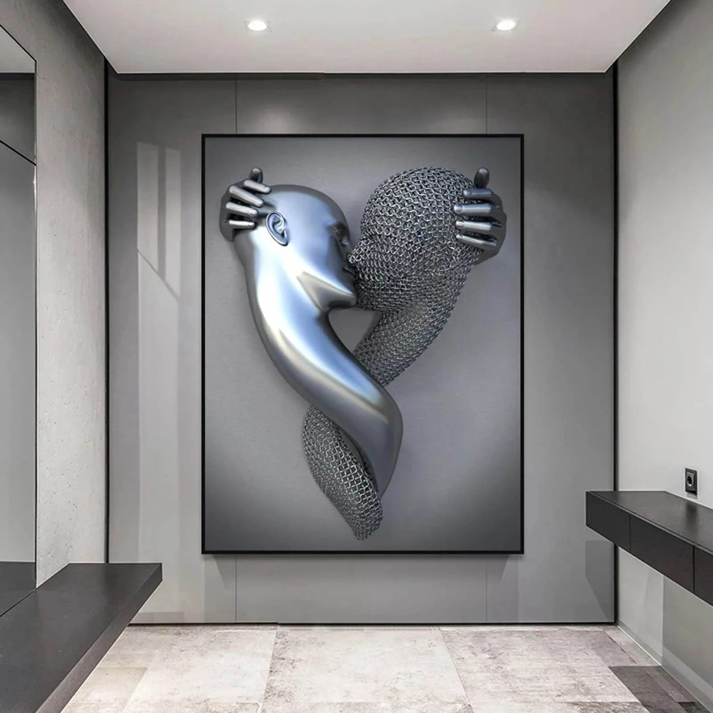 3D Metal Sculpture Effect Painting Bedroom Wall Decor -Abstract Lovers Picture Prints