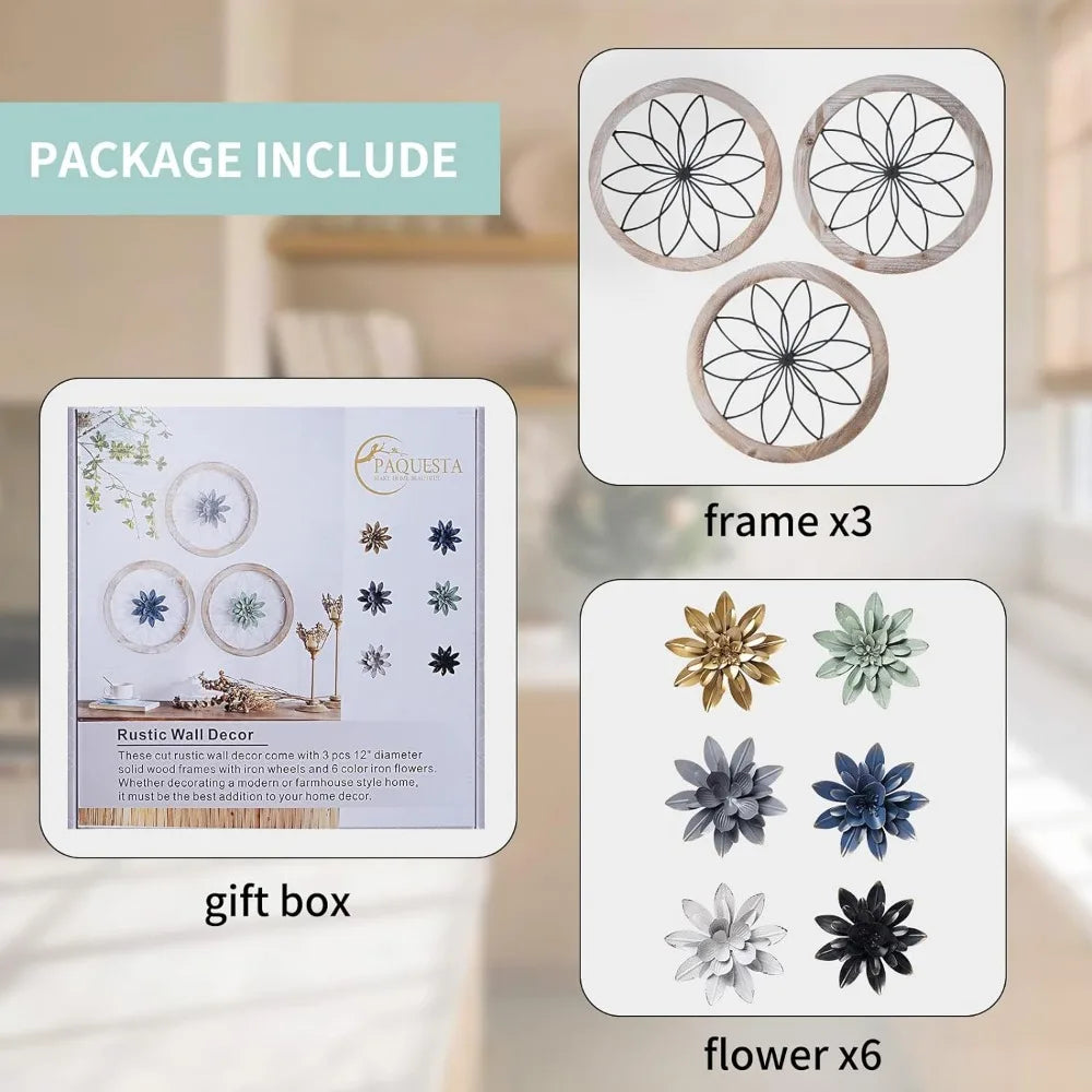 3 Piece Round Farmhouse Wall Decor with 6 Interchangeable Flowers Art