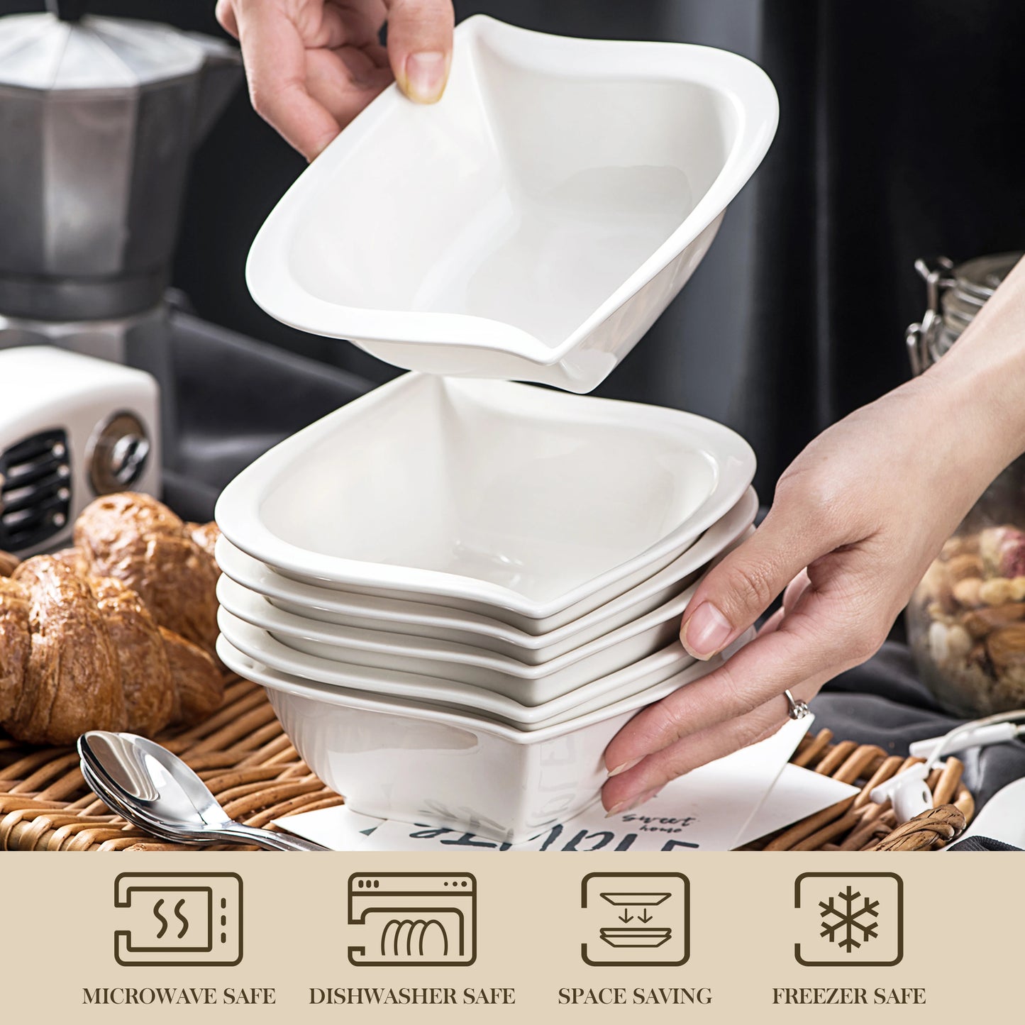 6-Piece White Porcelain Ceramic Cereal Bowls