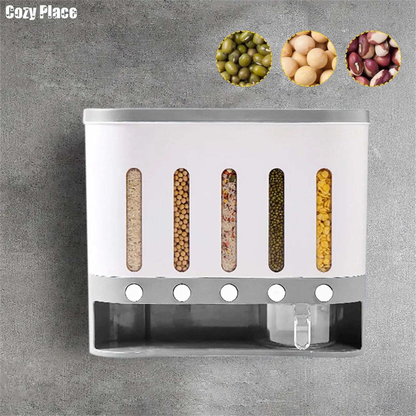 Wall-Mounted Cereal & Dry Food Dispenser: 5-Grid, 10L Capacity