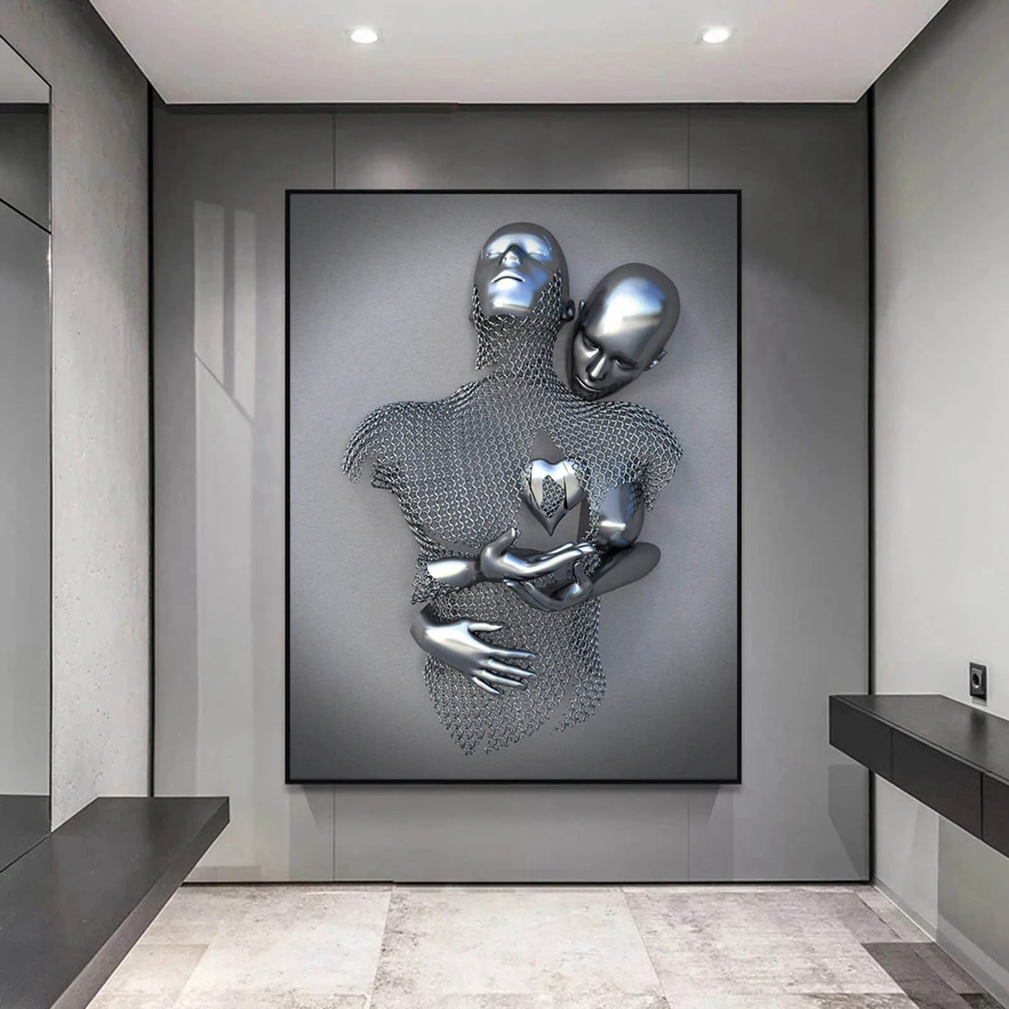 3D Metal Sculpture Effect Painting Bedroom Wall Decor -Abstract Lovers Picture Prints