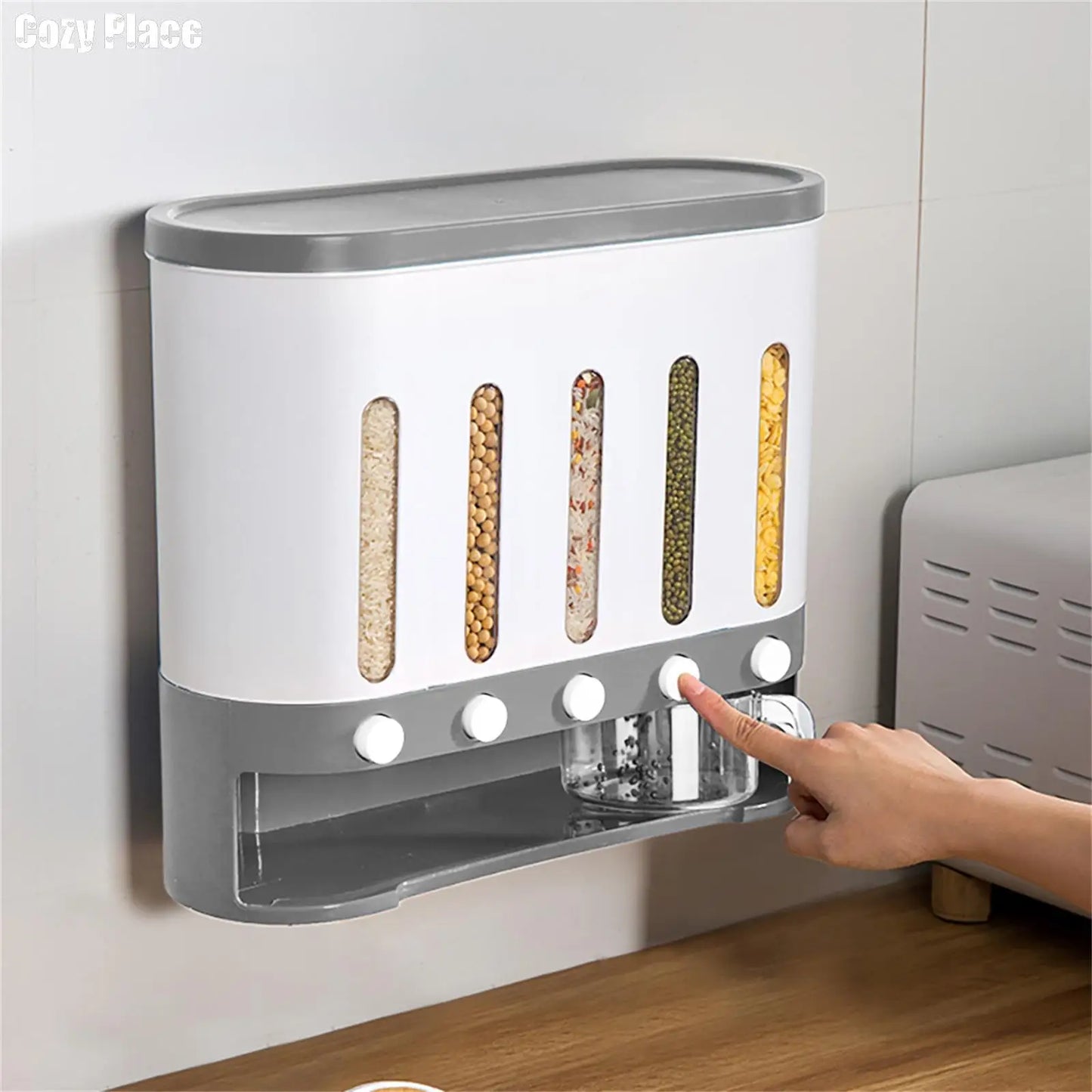 Wall-Mounted Cereal & Dry Food Dispenser: 5-Grid, 10L Capacity
