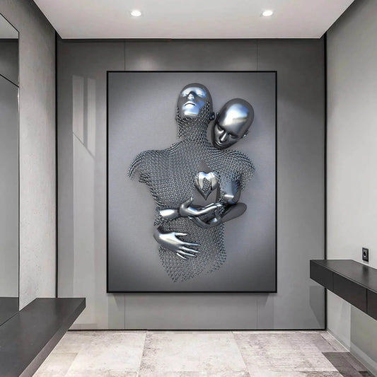 3D Metal Sculpture Effect Painting Bedroom Wall Decor -Abstract Lovers Picture Prints