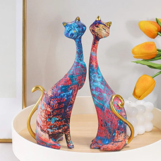 Colorful Cat Statue Oil Painting Cat Couple Sculptures Set-Resin Statue for Home Decor